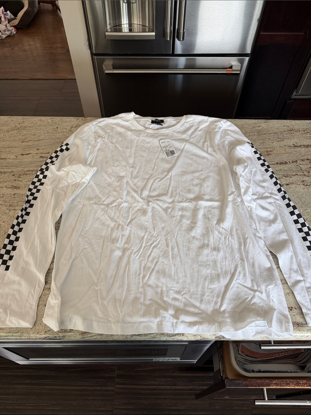 Forever 21 White Long-Sleeve Crewneck with Black Checker Sleeve Stripes
